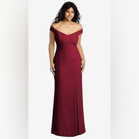 NWT Dessy Collection Off-the-Shoulder Criss Cross Back Trumpet Burgundy Gown 14R - Picture 5 of 16
